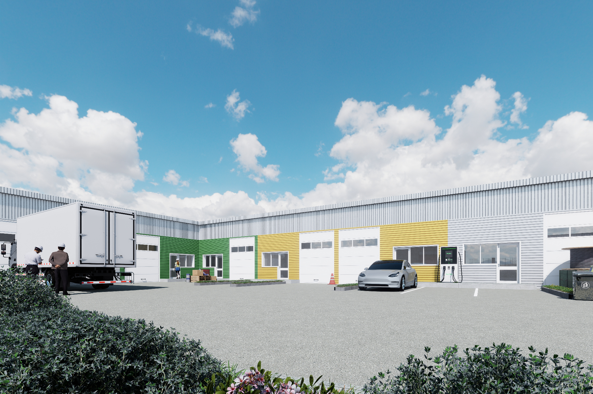 Exterior render of the courtyard with coloured unit facades