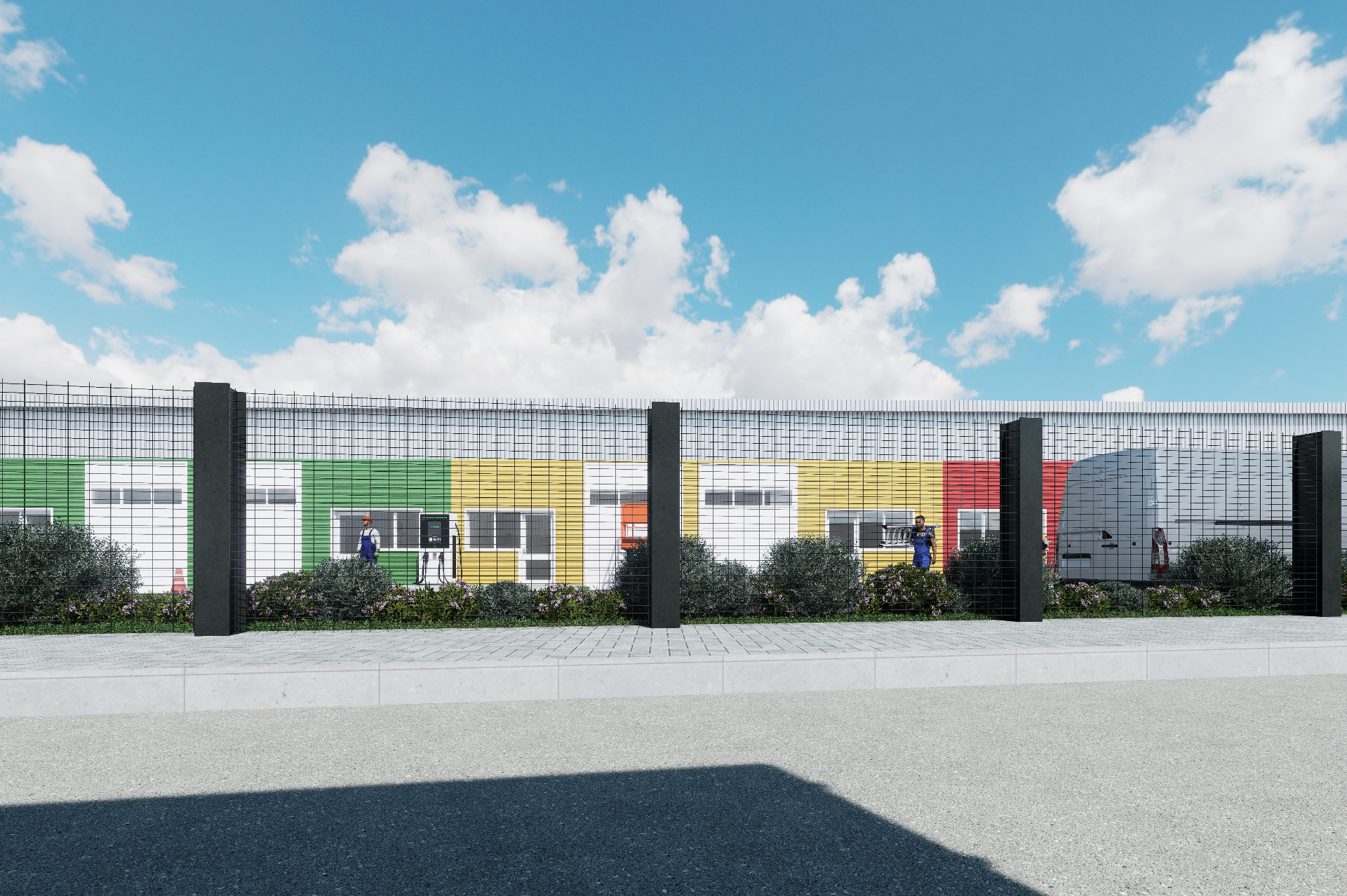 Exterior render showing perimeter fencing and unit elevations